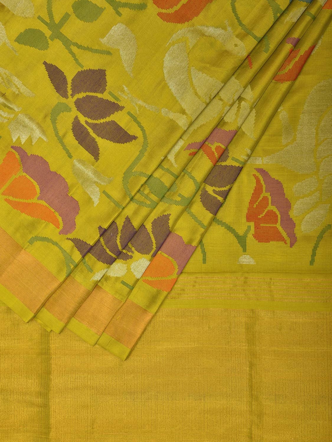 Lemon Uppada Silk Handloom Saree with All Over Birds and Lotus Design u2300