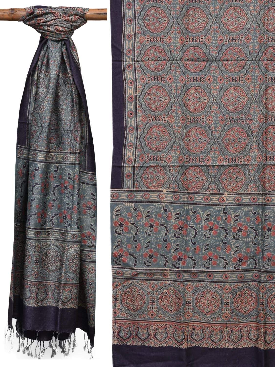 Light Blue Ajrak Print Tussar Handloom Dupatta ds2009