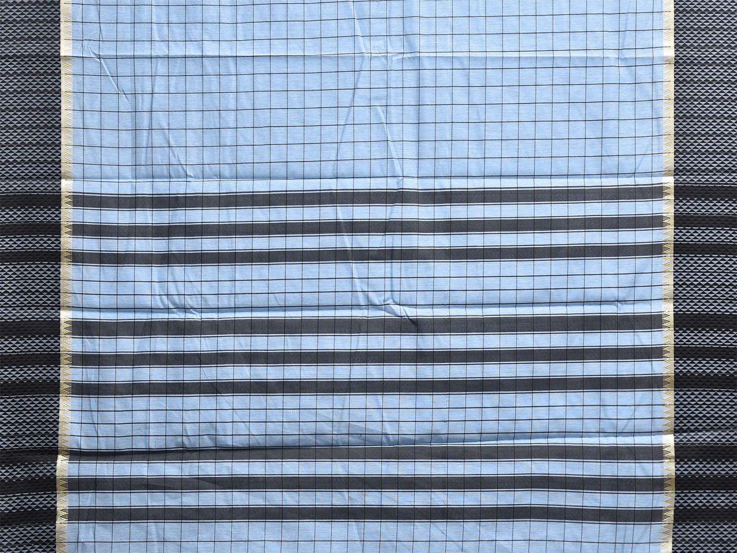 Light Blue and Black Bamboo Cotton Saree with Big Checks Design No Blouse bc0829