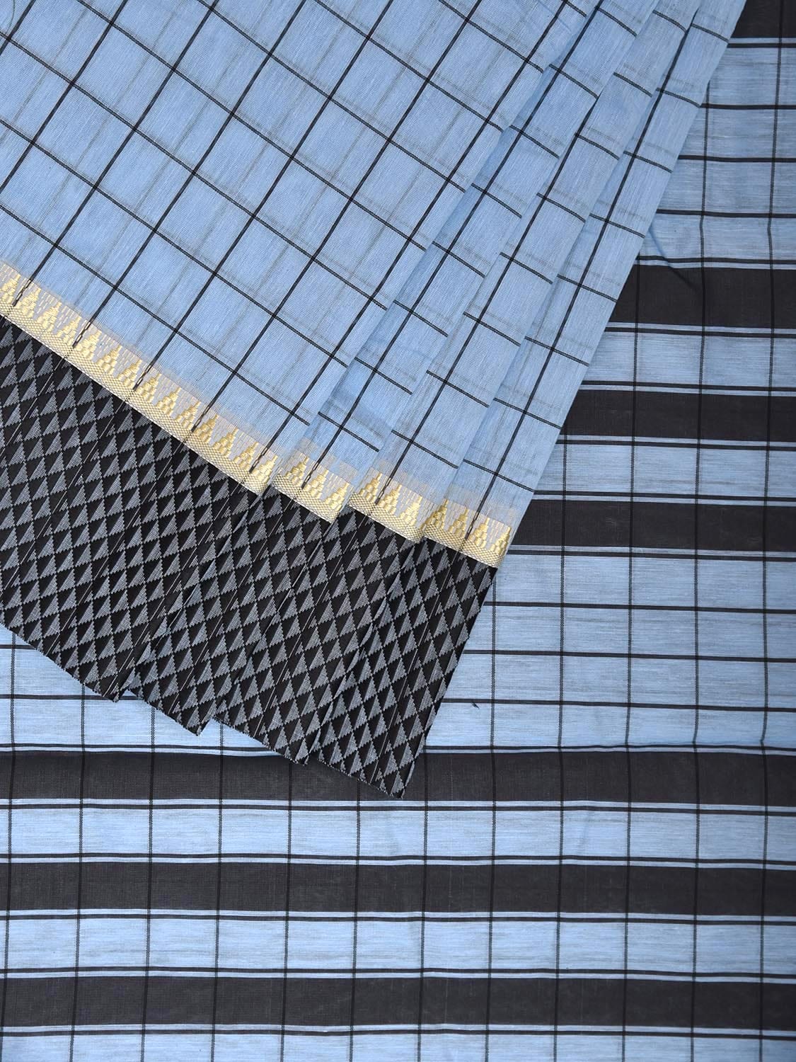 Light Blue and Black Bamboo Cotton Saree with Big Checks Design No Blouse bc0829