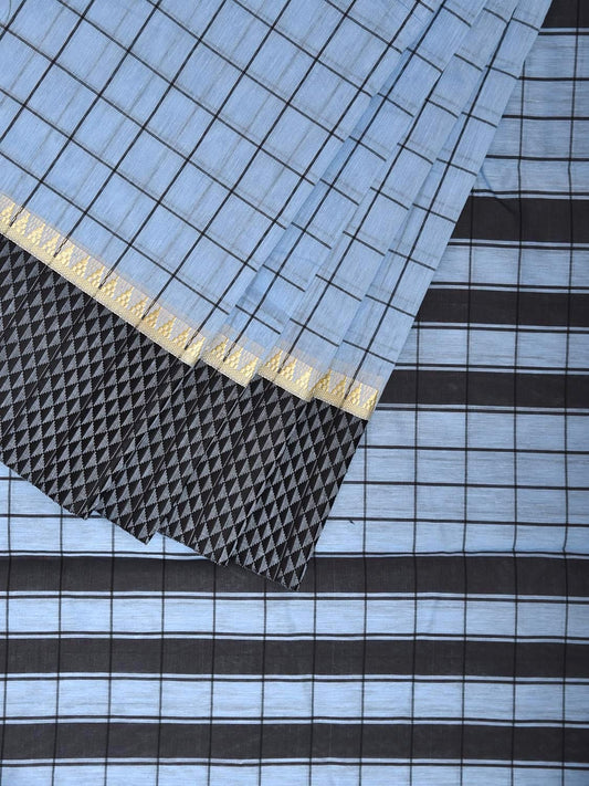 Light Blue and Black Bamboo Cotton Saree with Big Checks Design No Blouse bc0829