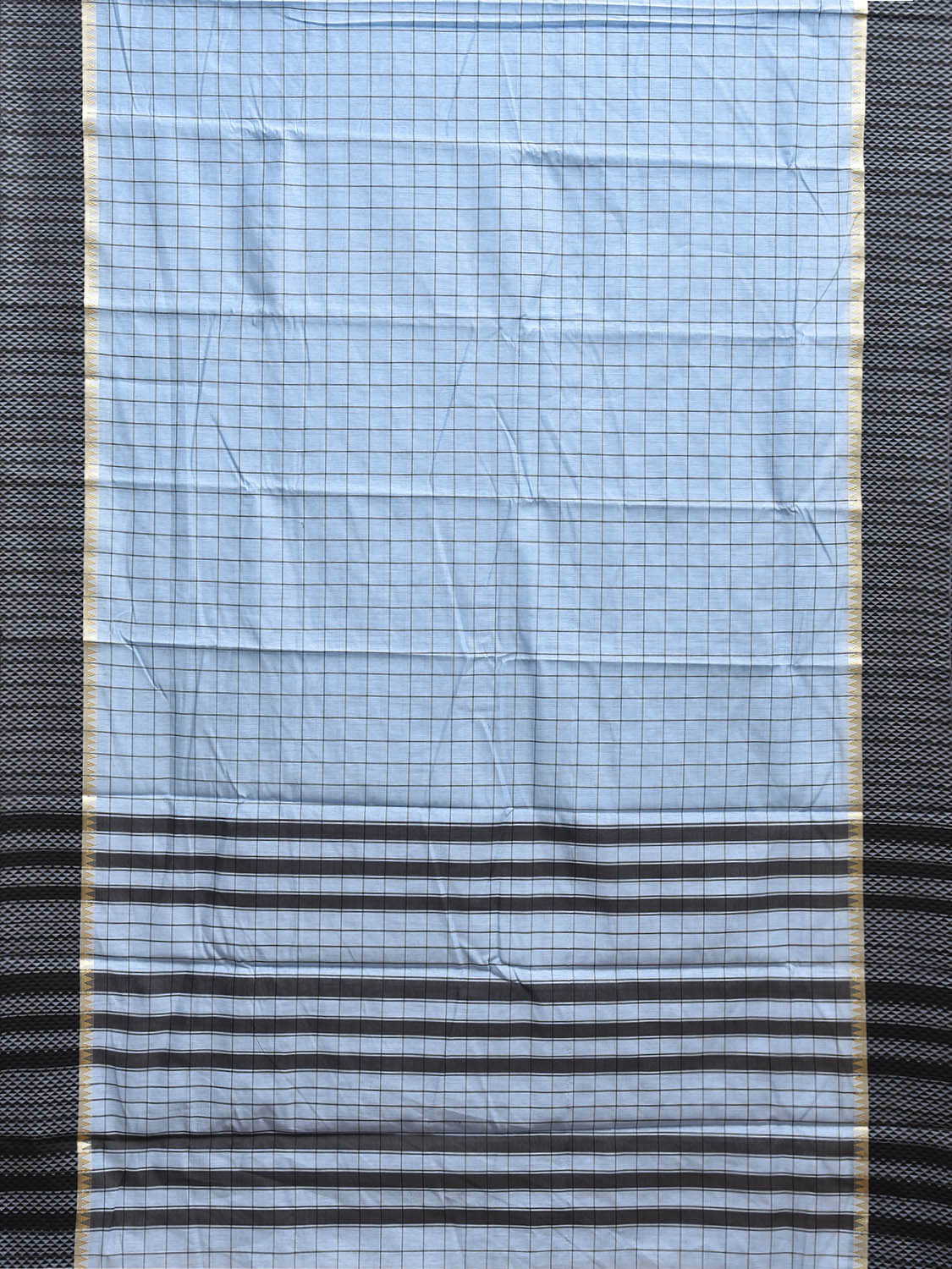 Light Blue and Black Bamboo Cotton Saree with Big Checks Design No Blouse bc0829