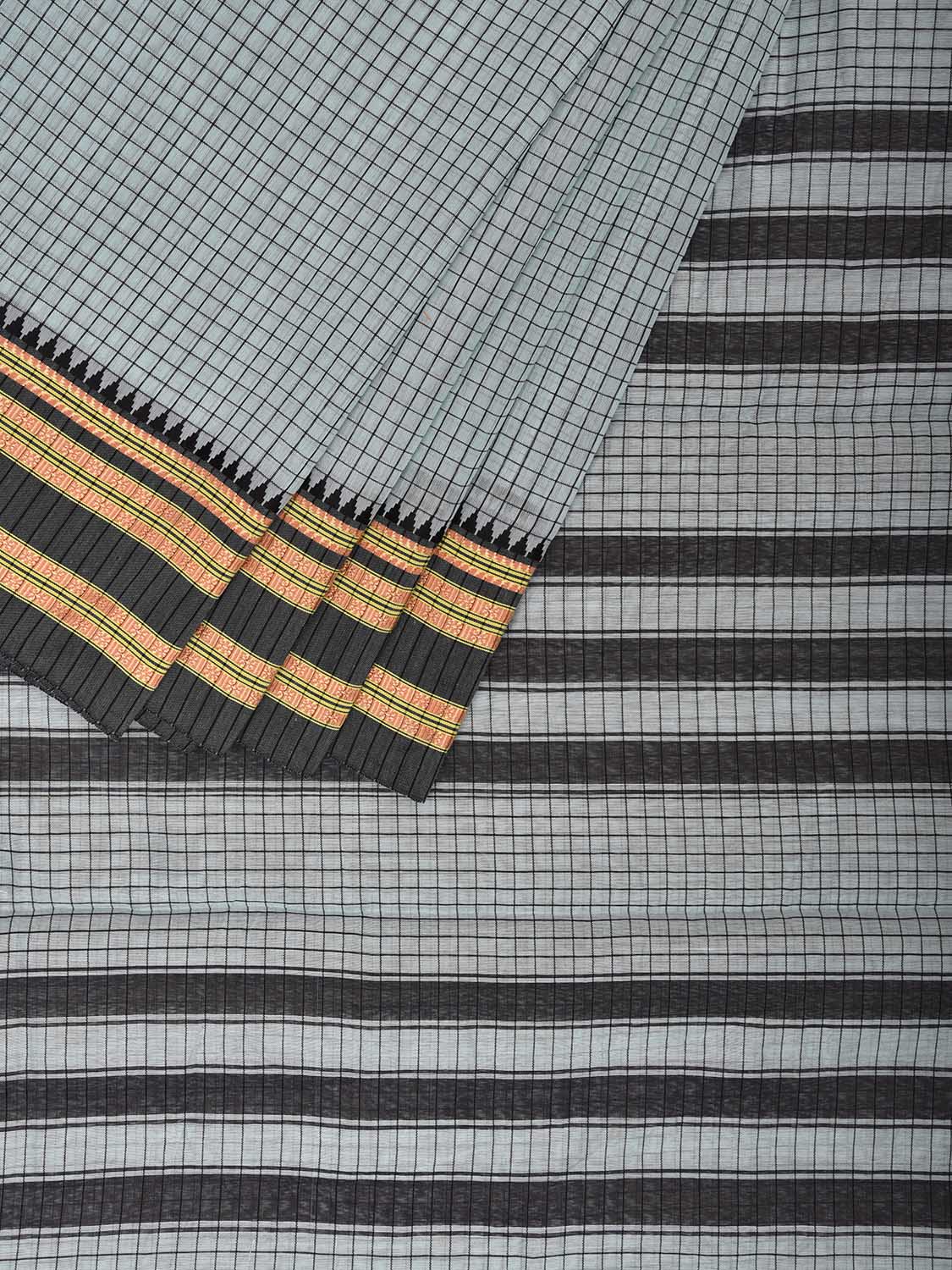 Light Blue and Black Bamboo Cotton Saree with Checks Design No Blouse bc0673