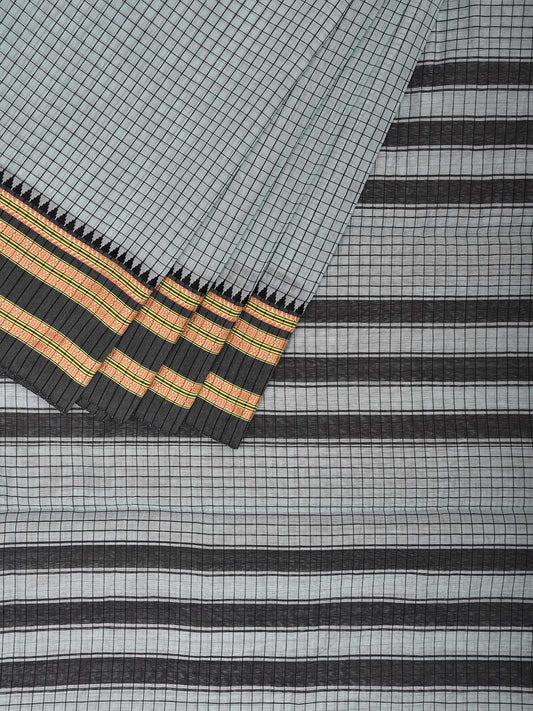 Light Blue and Black Bamboo Cotton Saree with Checks Design No Blouse bc0673