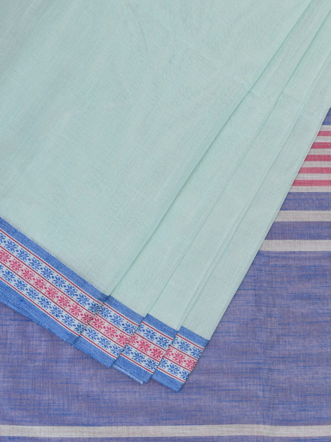 Light Blue and Blue Kanchipuram Cotton Handloom Plain Saree with Strips Pallu Design k0590