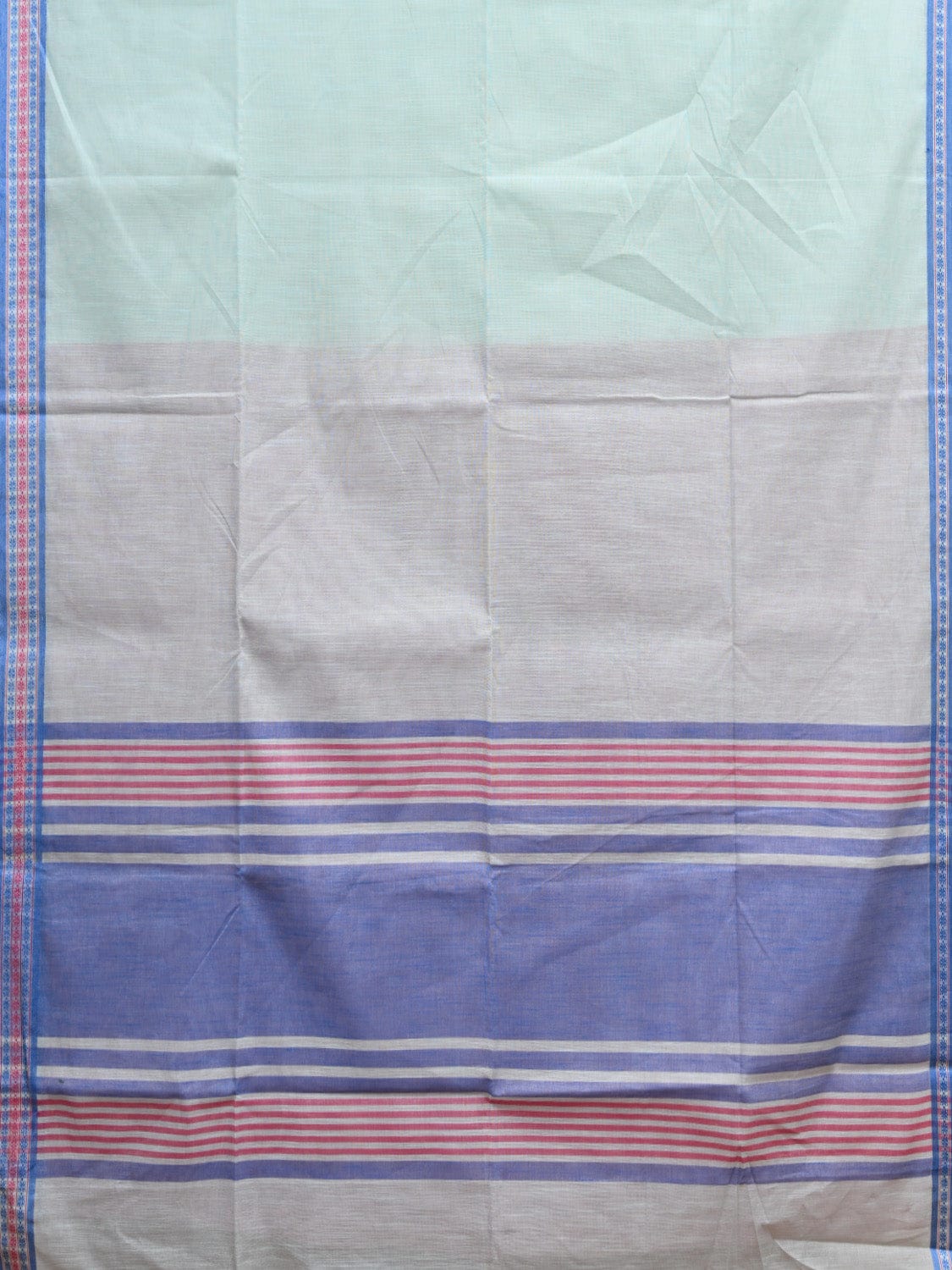 Light Blue and Blue Kanchipuram Cotton Handloom Plain Saree with Strips Pallu Design k0590
