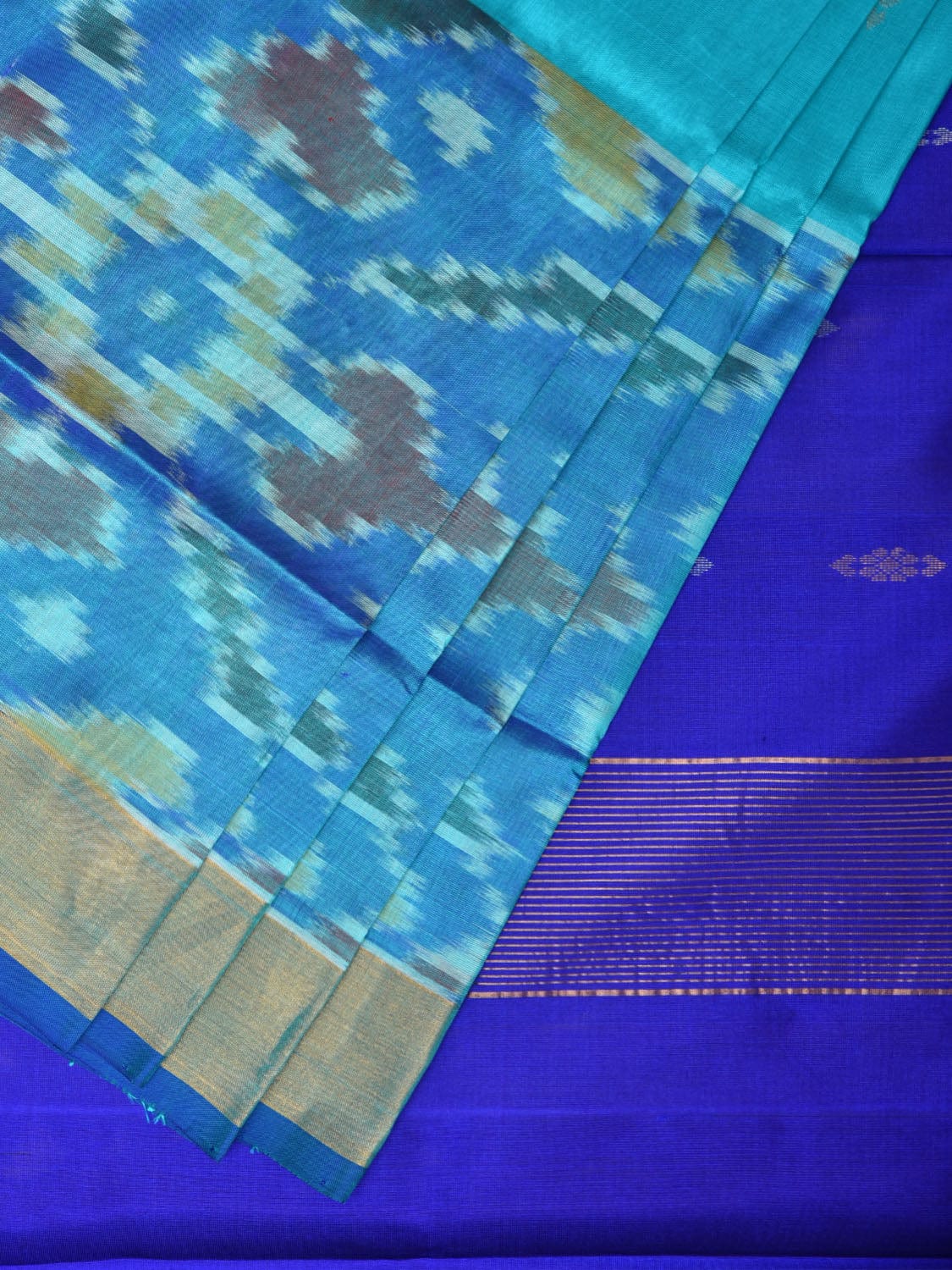 Light Blue and Blue Uppada Silk Handloom Saree with Buta and Ikat Border Design u2084