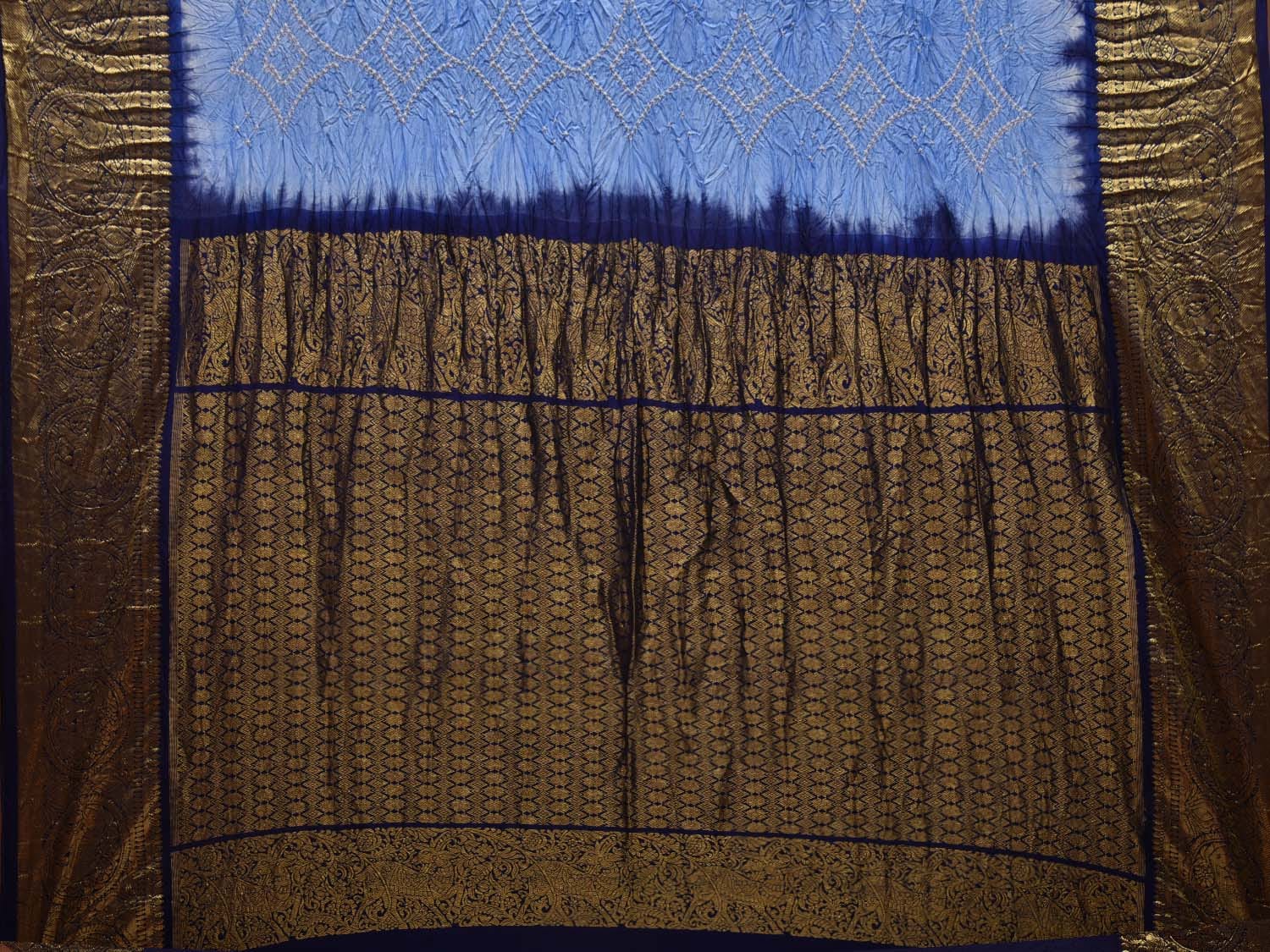 Light Blue and Dark Blue Bandhani Kanchipuram Silk Handloom Saree with Pallu and Border Design bn0449