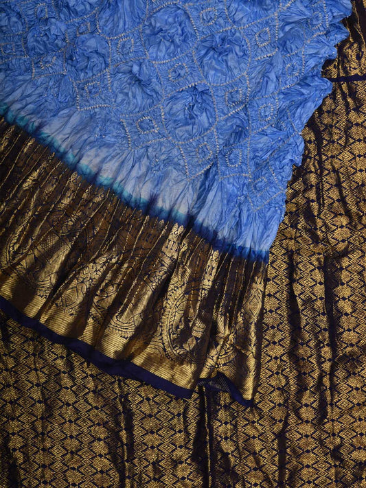 Light Blue and Dark Blue Bandhani Kanchipuram Silk Handloom Saree with Pallu and Border Design bn0449