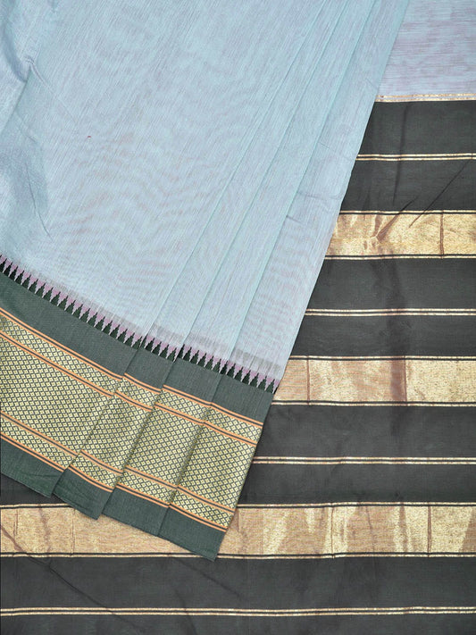 Light Blue and Green Bamboo Cotton Plain Saree with Contrast Pallu Design No Blouse bc0656
