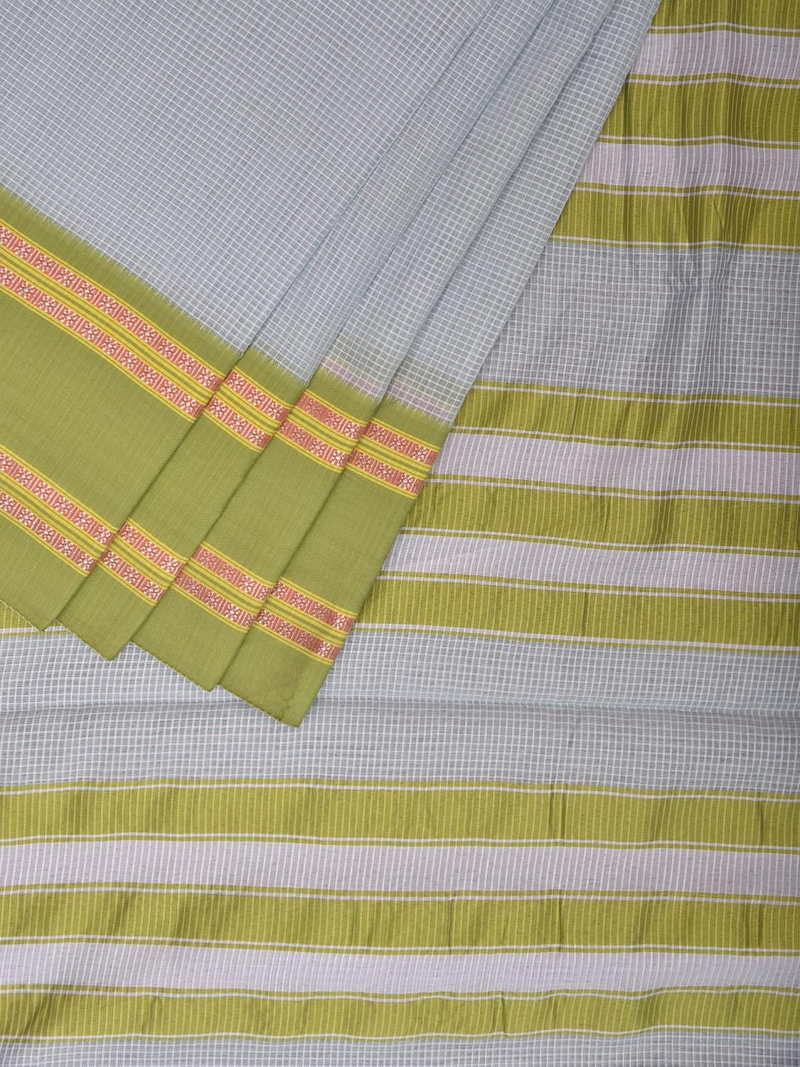 Light Blue and Green Bamboo Cotton Saree with Small Checks Design No Blouse bc0681