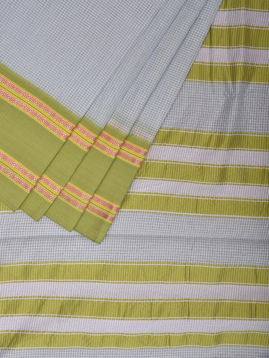 Light Blue and Green Bamboo Cotton Saree with Small Checks Design No Blouse bc0681