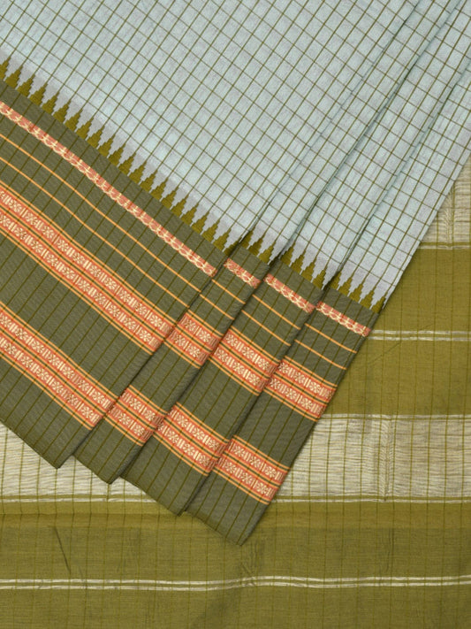 Light Blue and Green Bamboo Cotton Viscose Silk Saree with Checks Design No Blouse bc0593