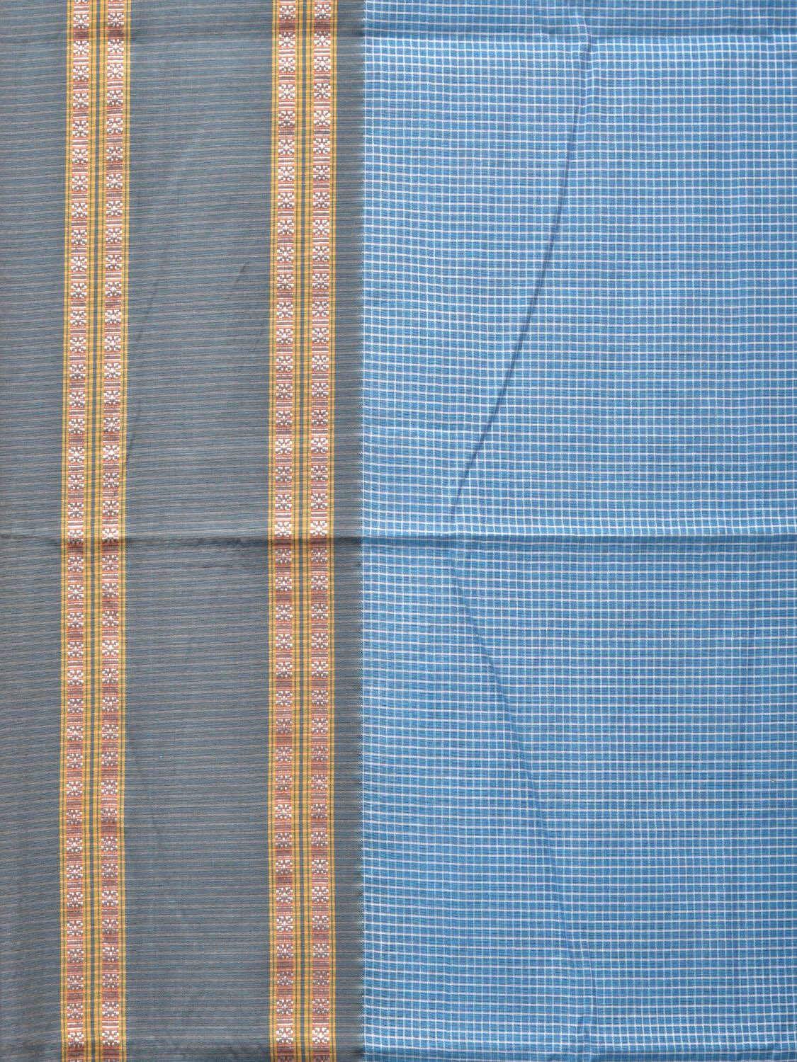 Light Blue and Grey Bamboo Cotton Saree with Small Checks Design No Blouse bc0263