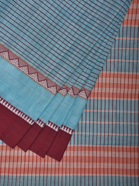 Light Blue and Maroon Narayanpet Cotton Saree with Strips Design No Blouse np1078