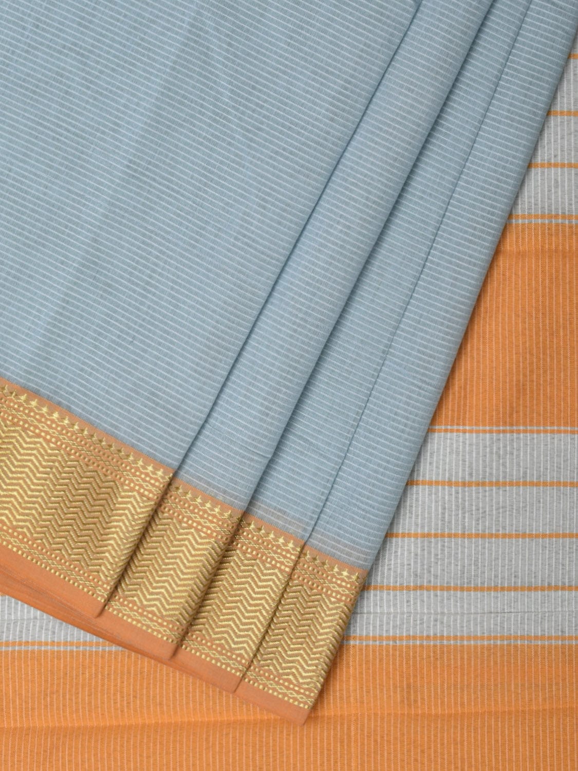 Light Blue and Mustard Bamboo Cotton Saree with Strips Design No Blouse bc0223