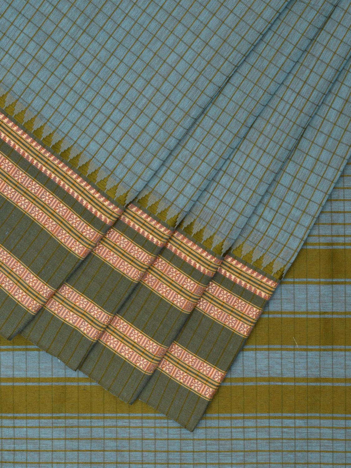 Light Blue and Olive Bamboo Cotton Saree with Checks Design No Blouse bc0605
