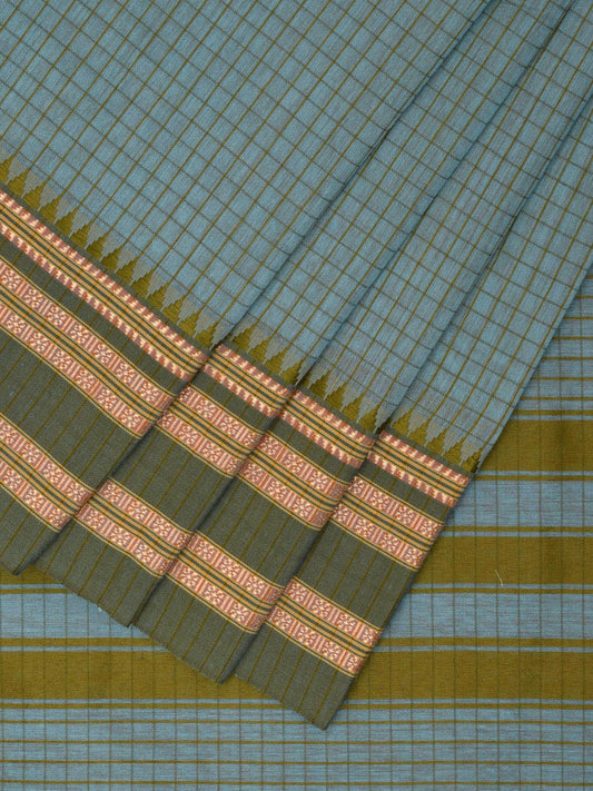 Light Blue and Olive Bamboo Cotton Saree with Checks Design No Blouse bc0605