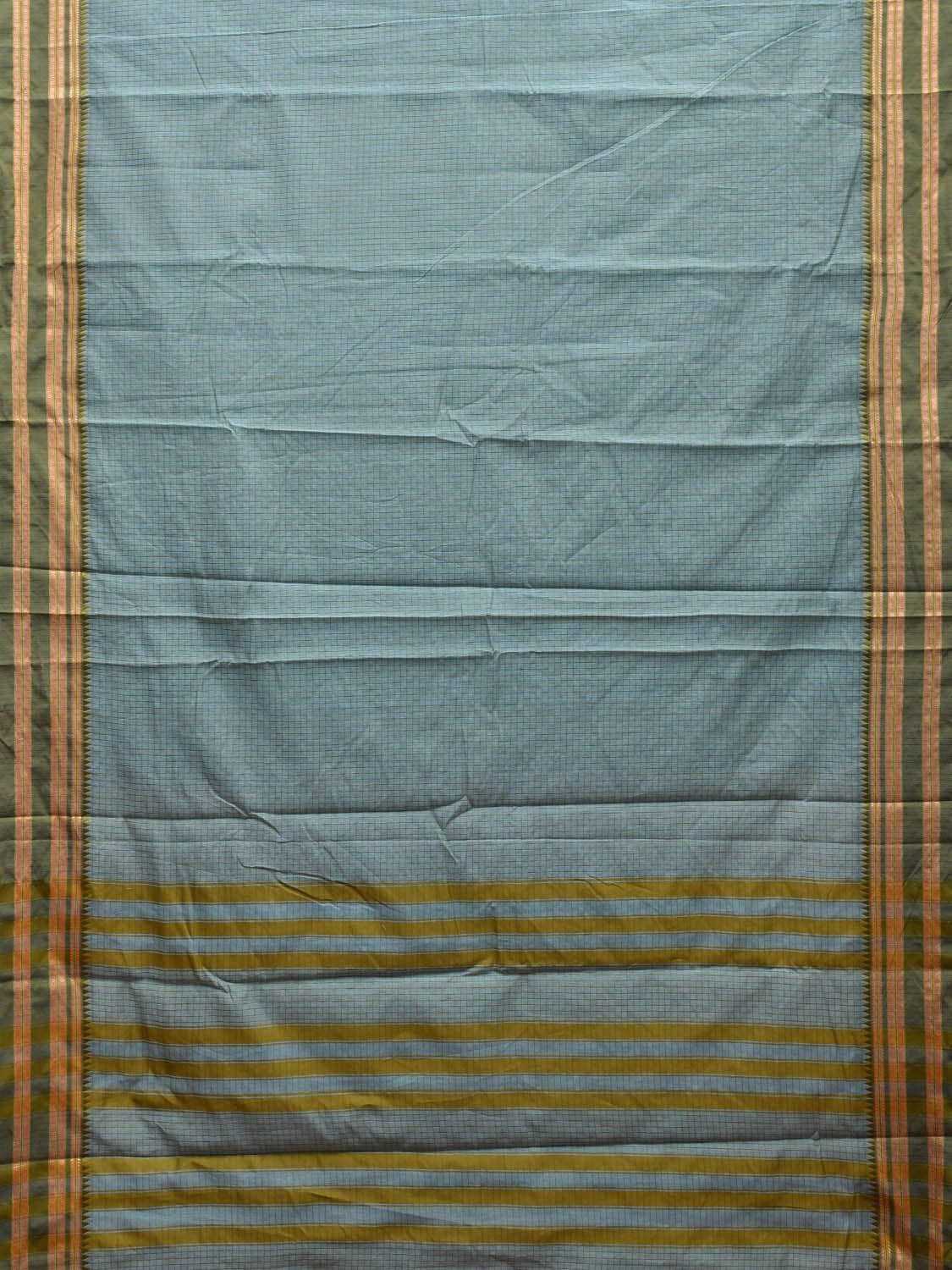 Light Blue and Olive Bamboo Cotton Saree with Checks Design No Blouse bc0605