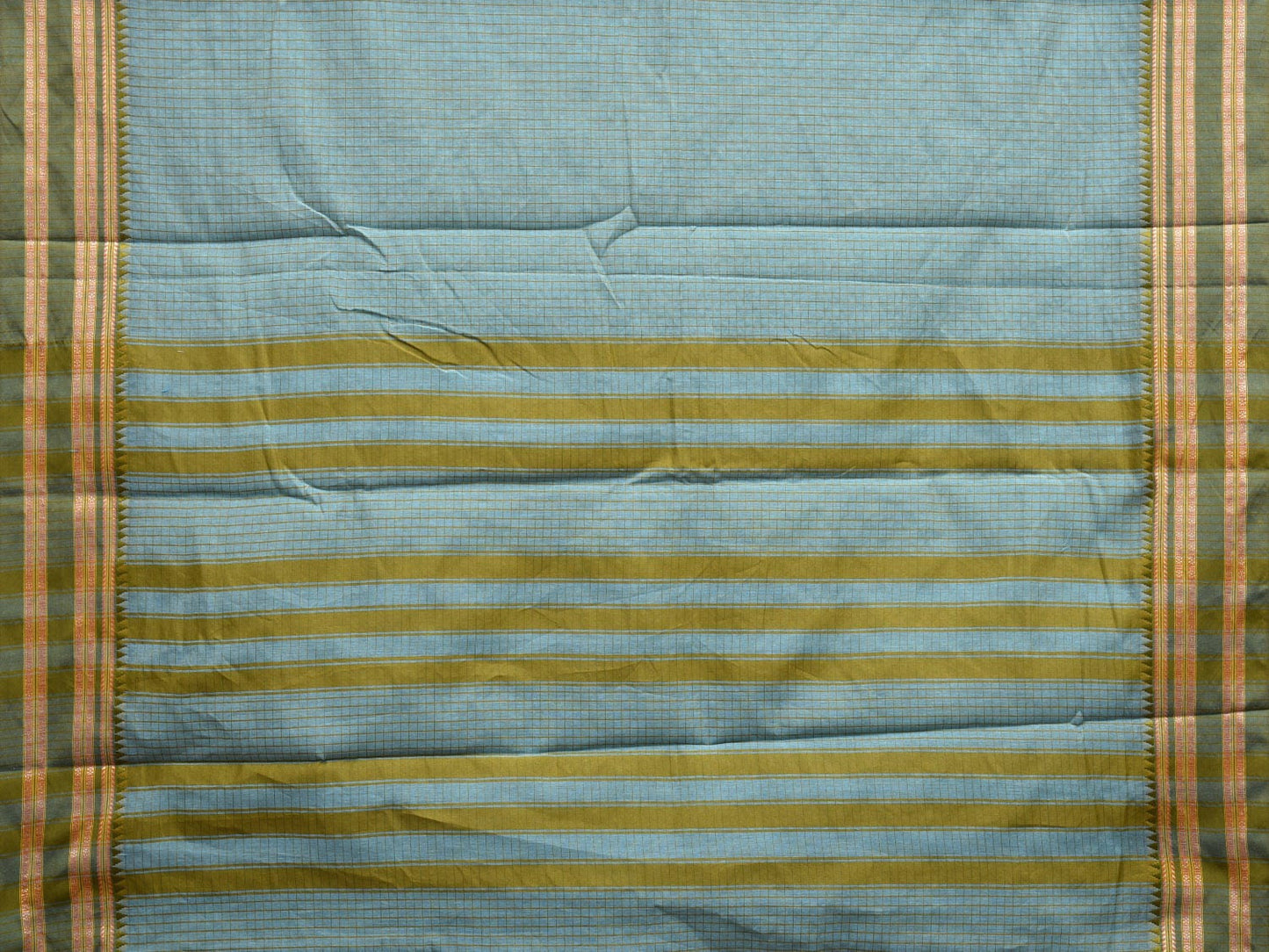 Light Blue and Olive Bamboo Cotton Saree with Checks Design No Blouse bc0605