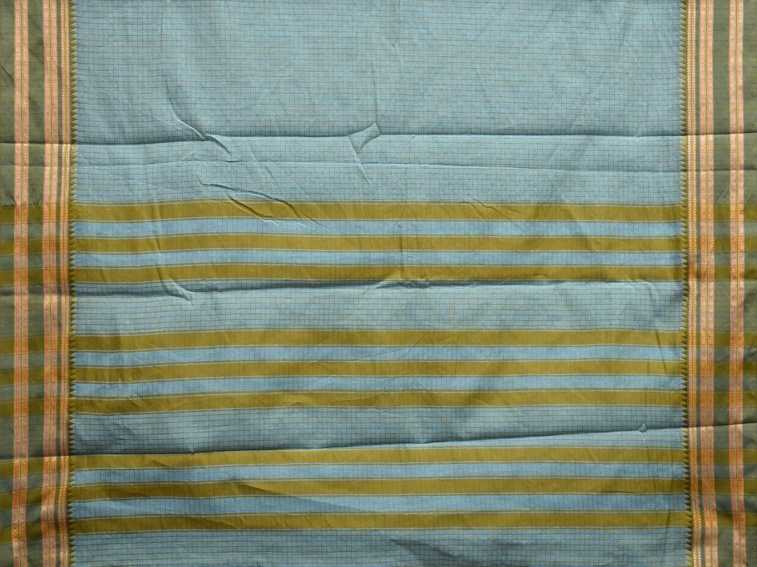 Light Blue and Olive Bamboo Cotton Saree with Checks Design No Blouse bc0605