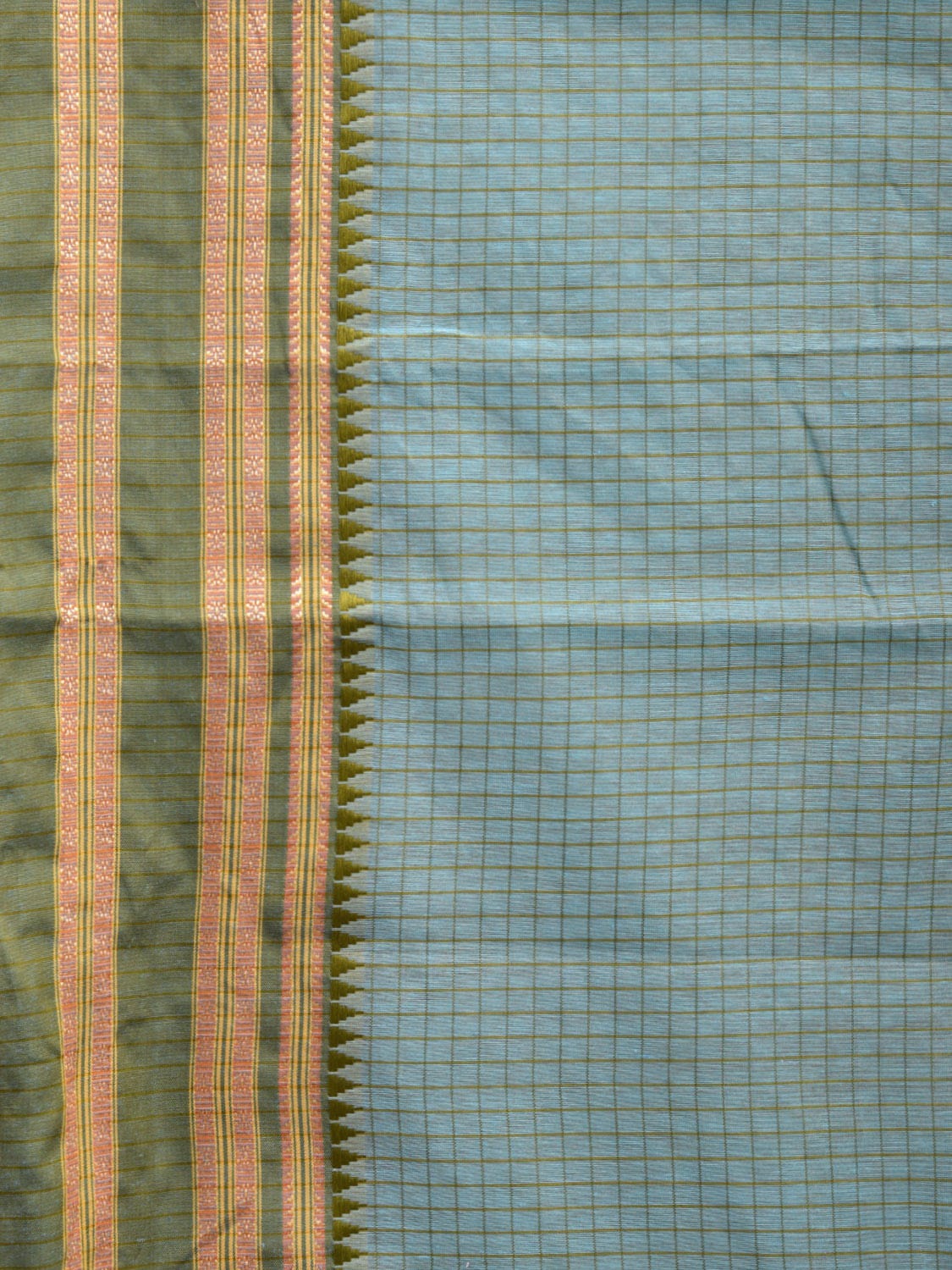 Light Blue and Olive Bamboo Cotton Saree with Checks Design No Blouse bc0605