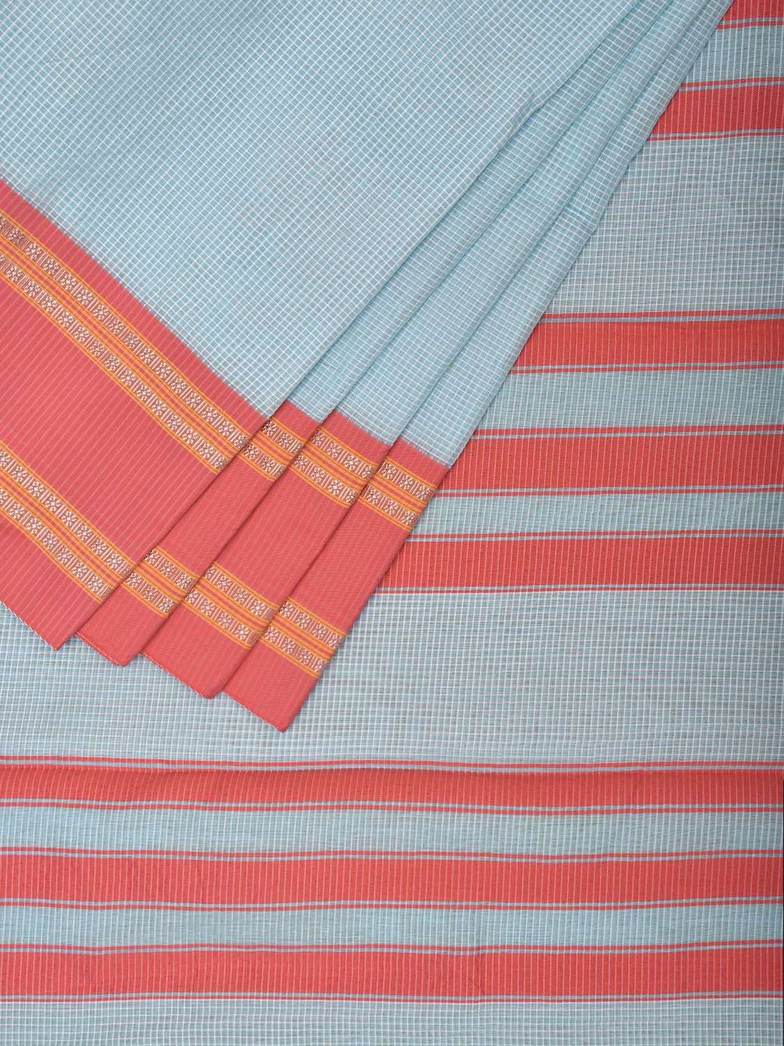 Light Blue and Peach Bamboo Cotton Saree with Small Checks Design No Blouse bc0629