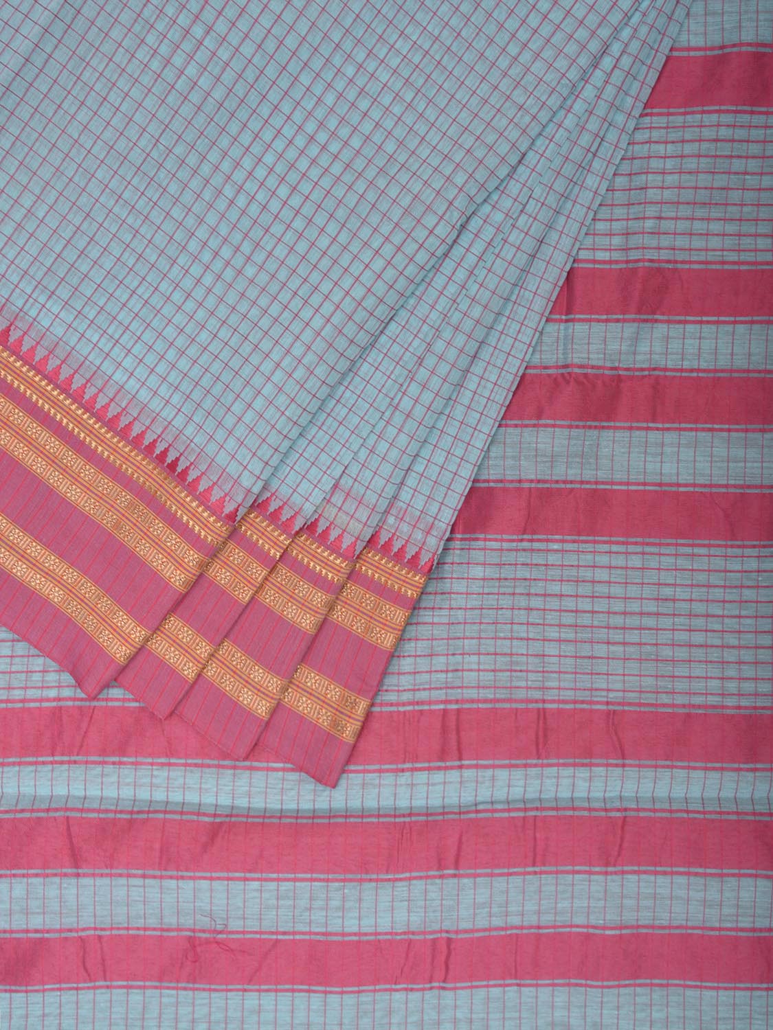 Light Blue and Pink Bamboo Cotton Saree with Checks Design No Blouse bc0671