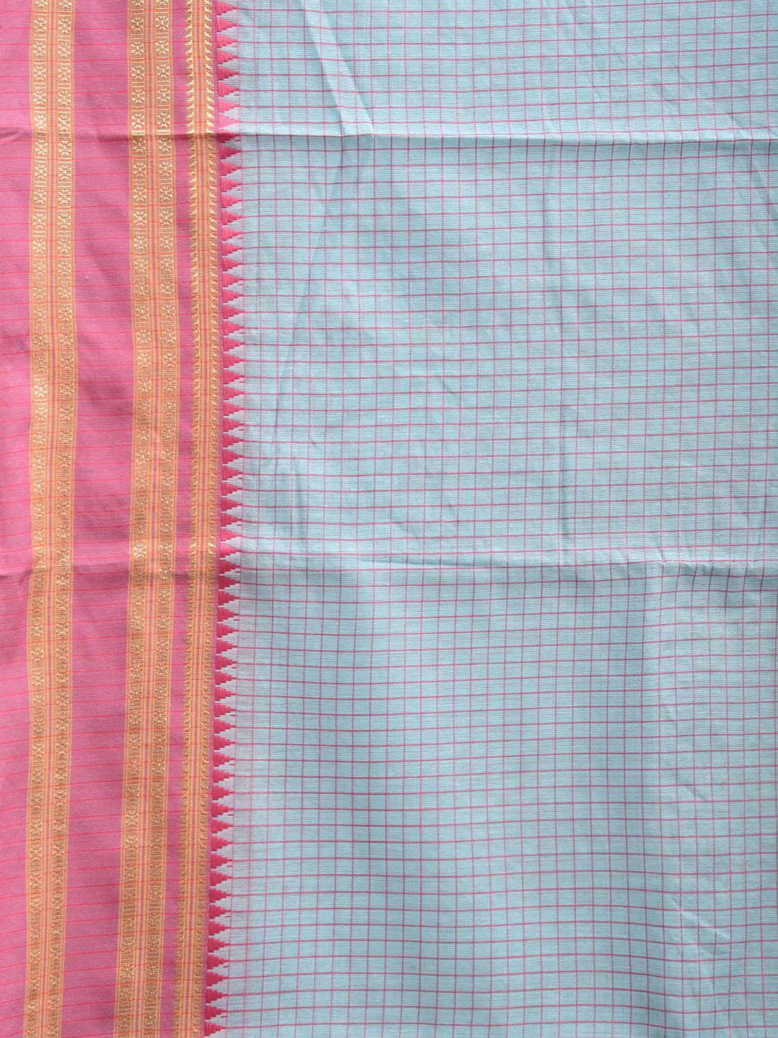 Light Blue and Pink Bamboo Cotton Saree with Checks Design No Blouse bc0671
