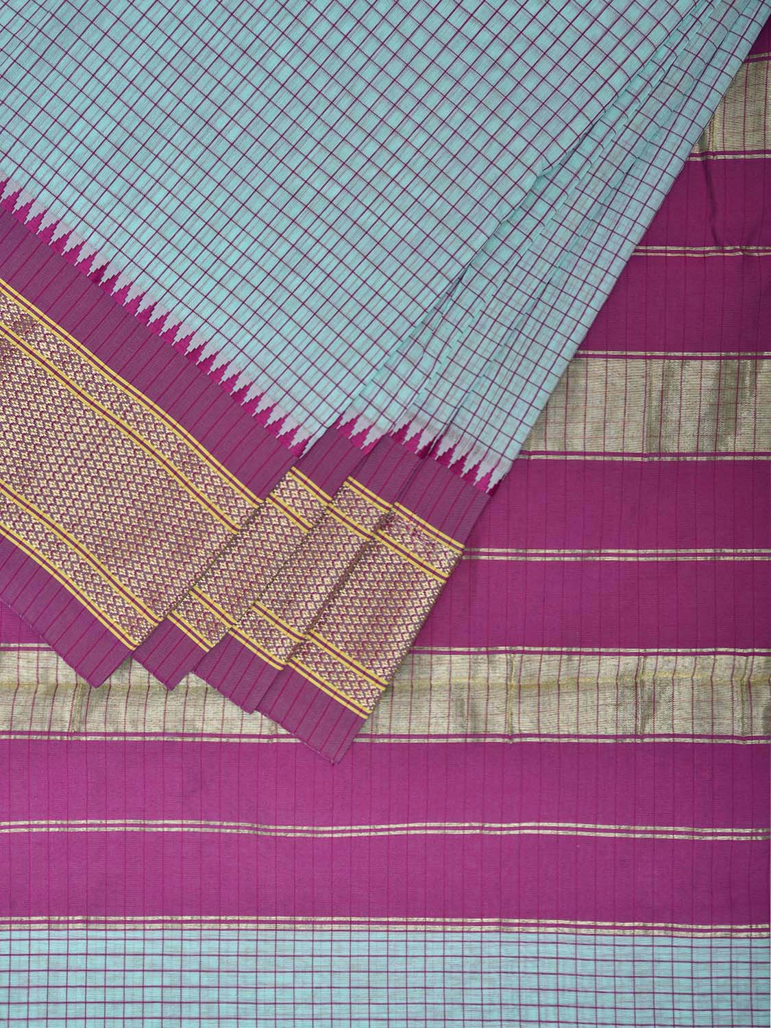 Light Blue and Purple Bamboo Cotton Saree with Checks Design No Blouse bc0778