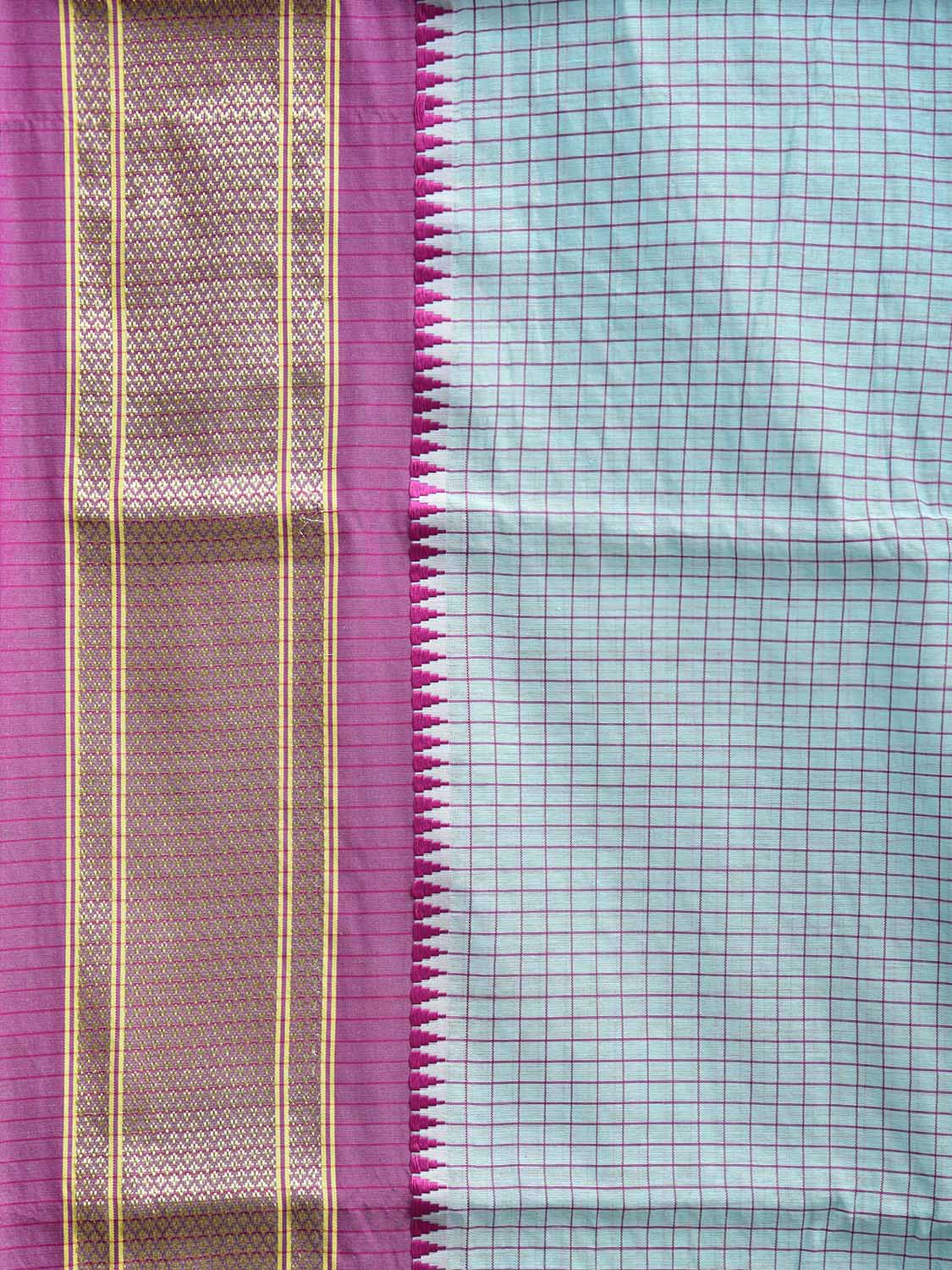 Light Blue and Purple Bamboo Cotton Saree with Checks Design No Blouse bc0778