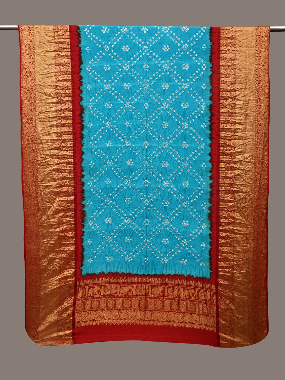 Light Blue and Red Bandhani Kanchipuram Silk Handloom Dupatta with Border Design ds2916
