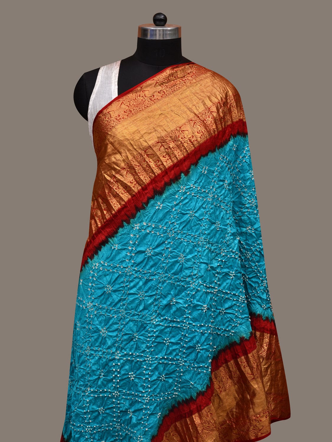 Light Blue and Red Bandhani Kanchipuram Silk Handloom Dupatta with Border Design ds2916