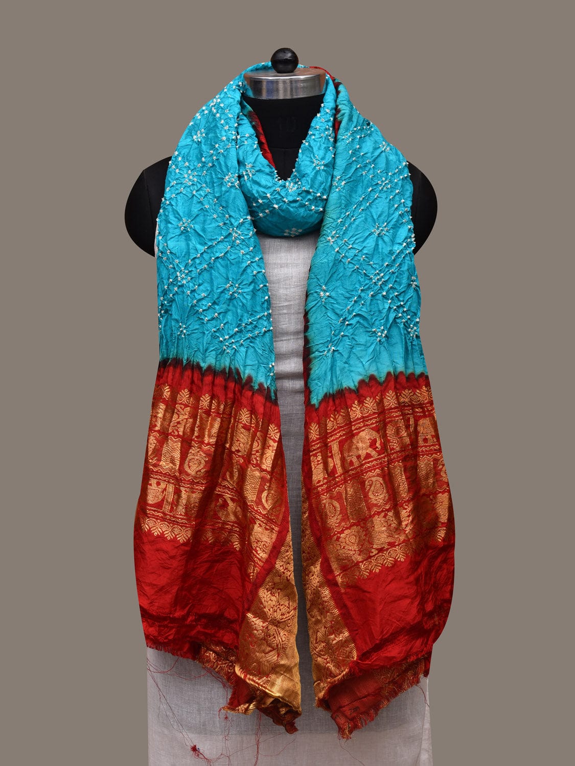 Light Blue and Red Bandhani Kanchipuram Silk Handloom Dupatta with Border Design ds2916