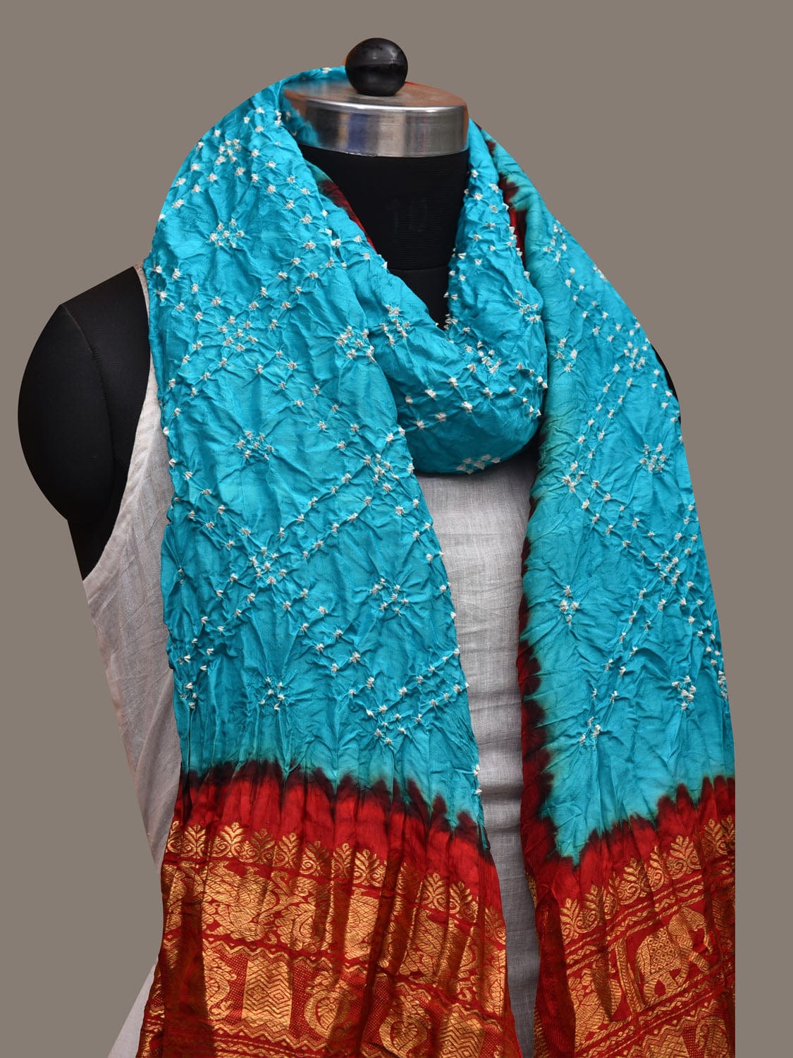 Light Blue and Red Bandhani Kanchipuram Silk Handloom Dupatta with Border Design ds2916