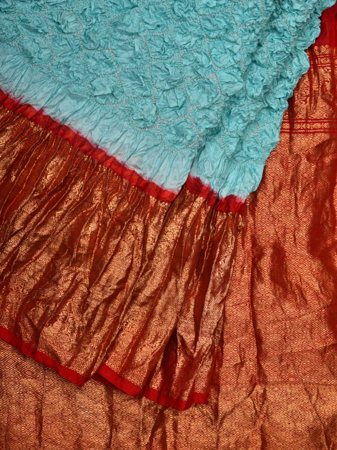 Light Blue and Red Bandhani Kanchipuram Silk Handloom Saree with Border Design bn0381
