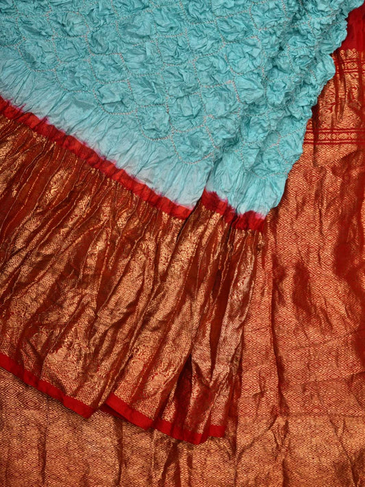 Light Blue and Red Bandhani Kanchipuram Silk Handloom Saree with Border Design bn0381