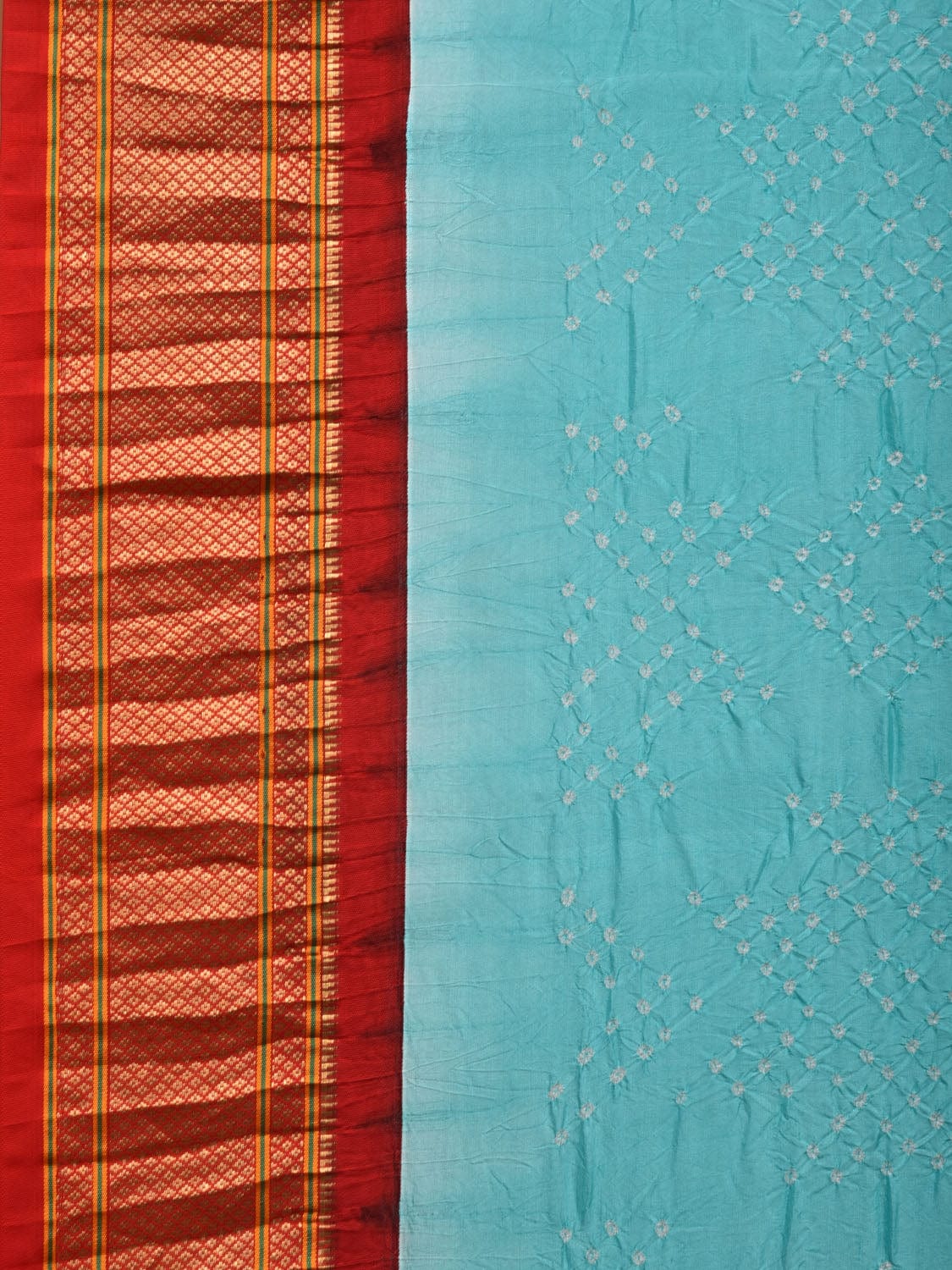 Light Blue and Red Bandhani Paithani Silk Handloom Saree with Pallu Design bn0437