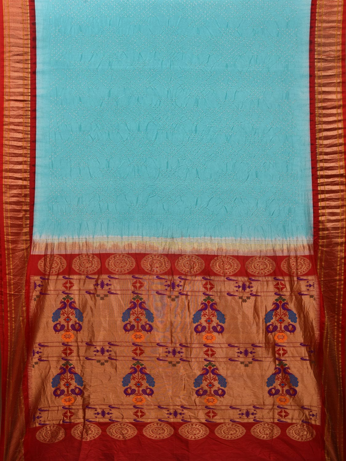 Light Blue and Red Bandhani Paithani Silk Handloom Saree with Pallu Design bn0437