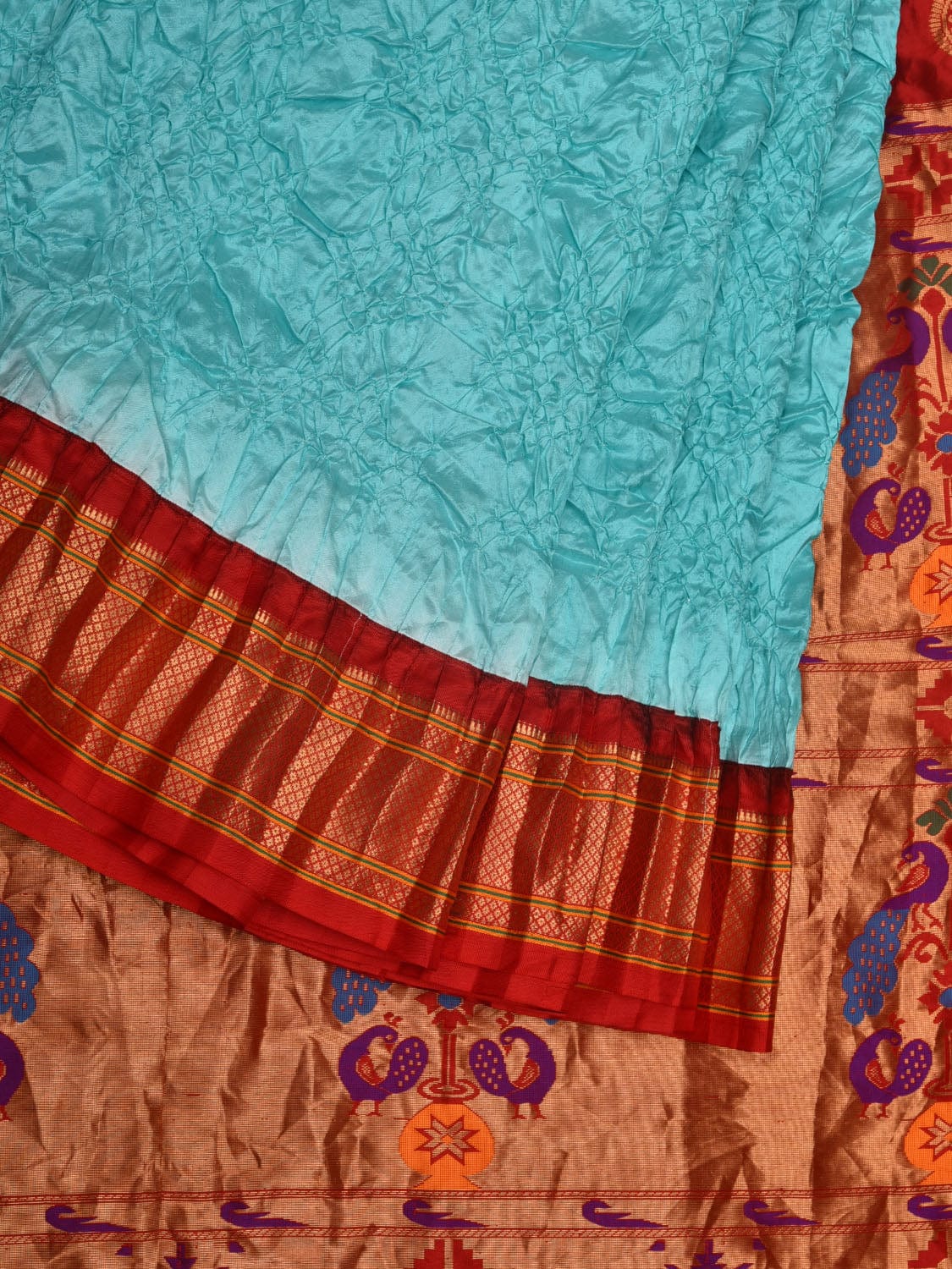 Light Blue and Red Bandhani Paithani Silk Handloom Saree with Pallu Design bn0437