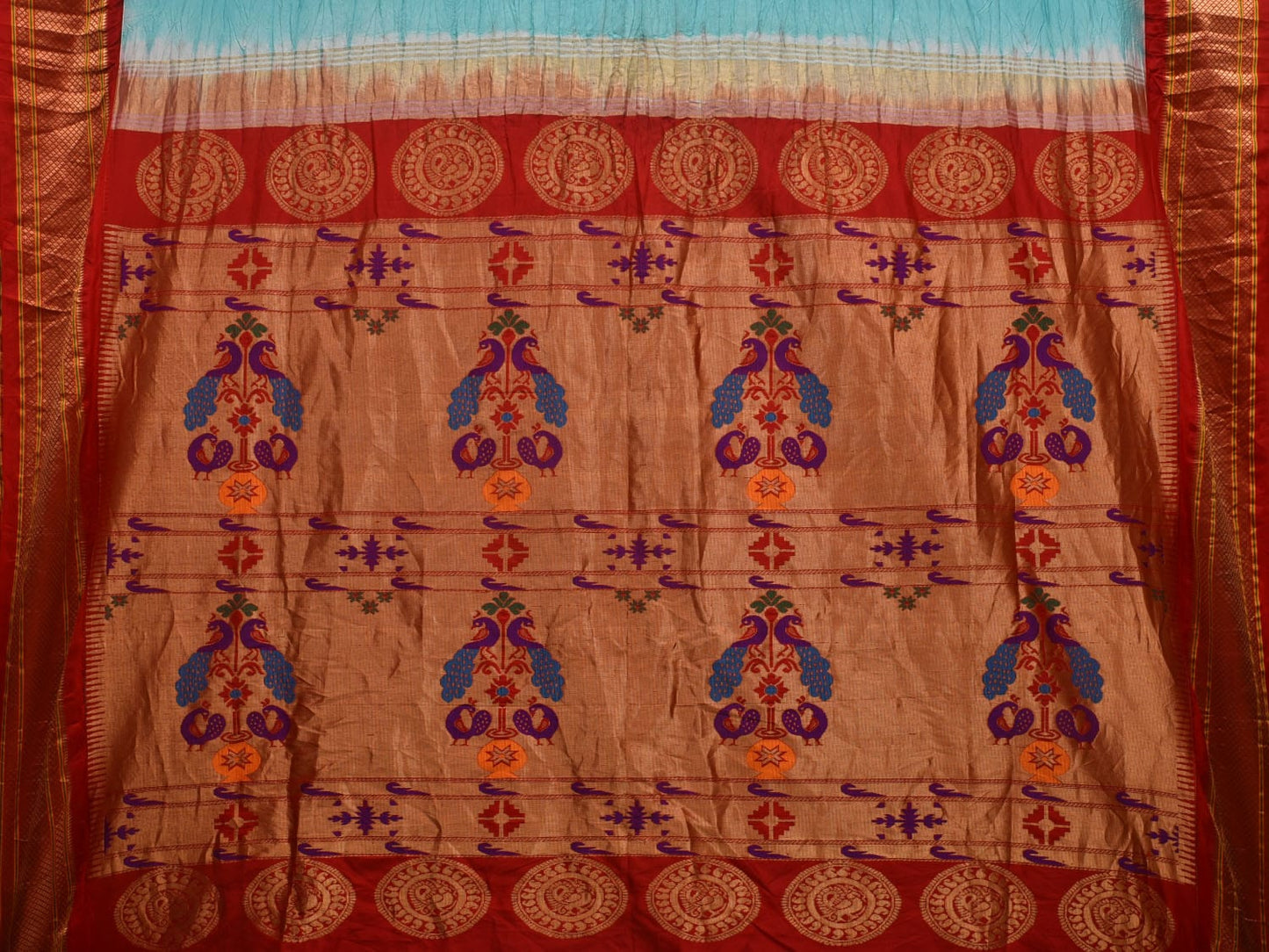 Light Blue and Red Bandhani Paithani Silk Handloom Saree with Pallu Design bn0437