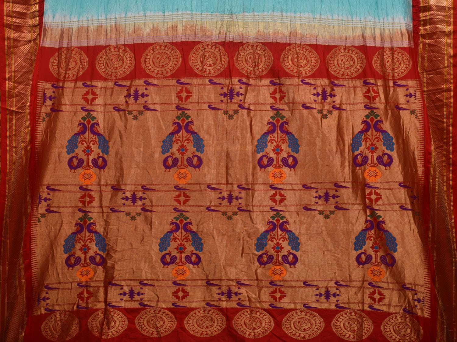 Light Blue and Red Bandhani Paithani Silk Handloom Saree with Pallu Design bn0437