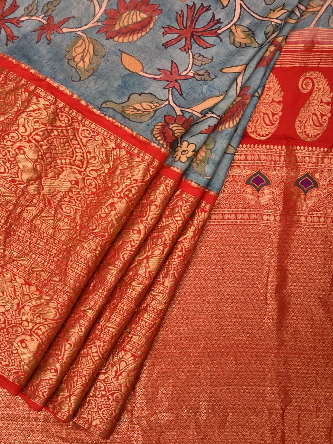Light Blue and Red Kalamkari Hand Painted Kanchipuram Silk Handloom Saree with Floral Design KL0465