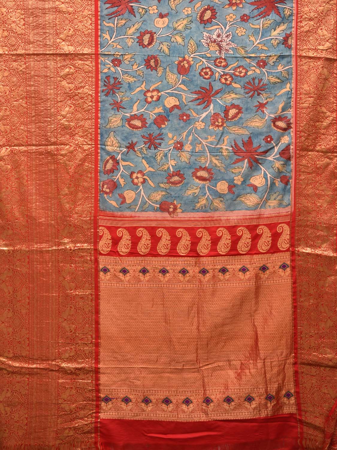 Light Blue and Red Kalamkari Hand Painted Kanchipuram Silk Handloom Saree with Floral Design KL0465