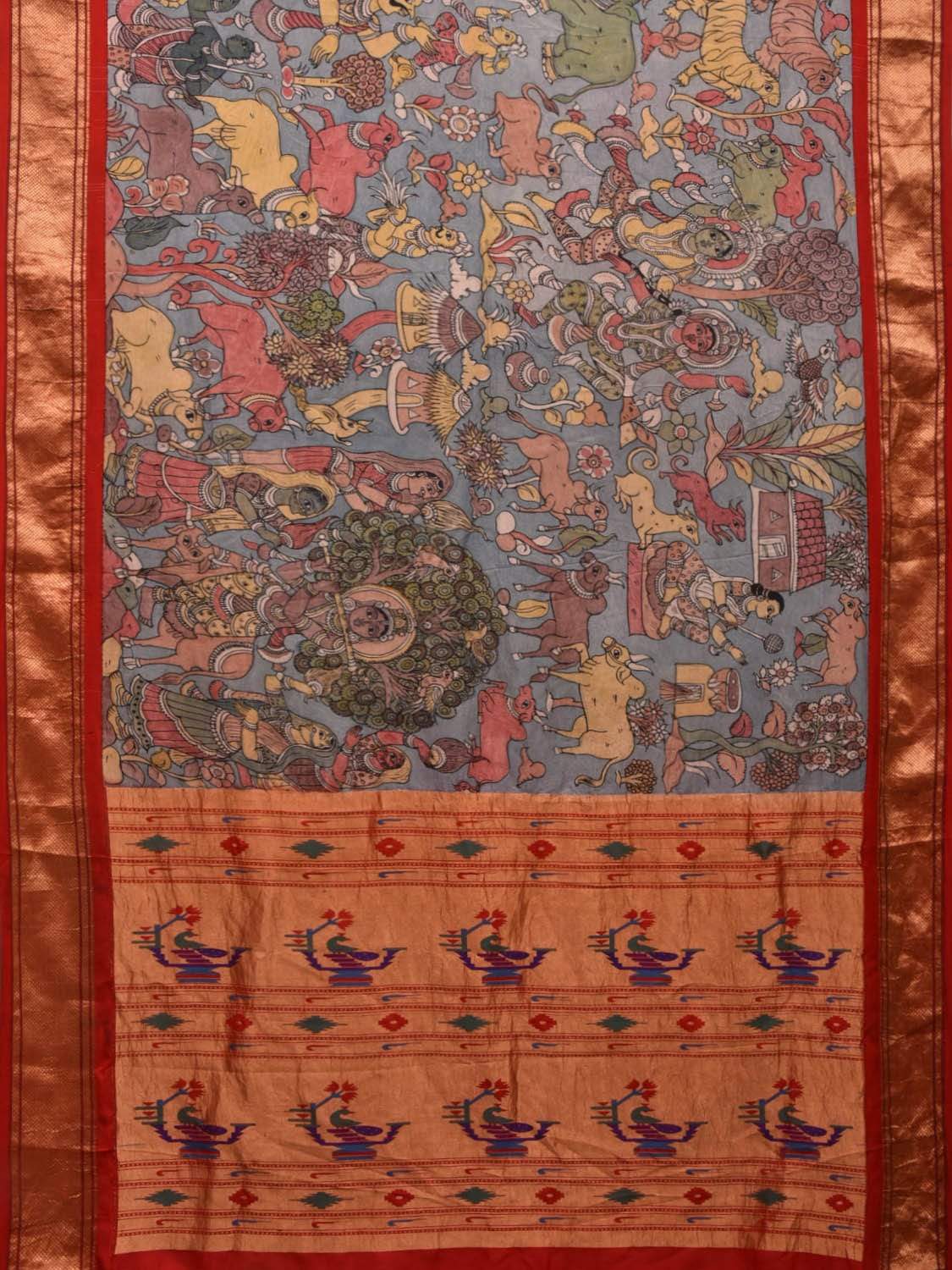 Light Blue and Red Kalamkari Hand Painted Paithani Silk Handloom Saree with Krishna Leena Design KL0504