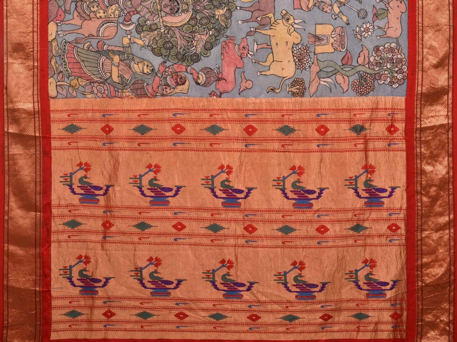 Light Blue and Red Kalamkari Hand Painted Paithani Silk Handloom Saree with Krishna Leena Design KL0504