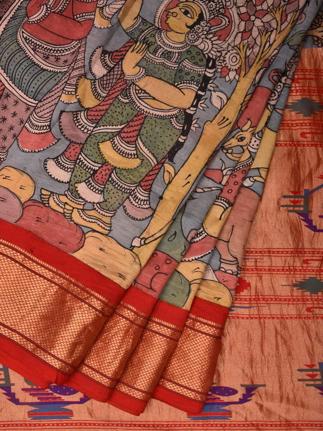 Light Blue and Red Kalamkari Hand Painted Paithani Silk Handloom Saree with Krishna Leena Design KL0504