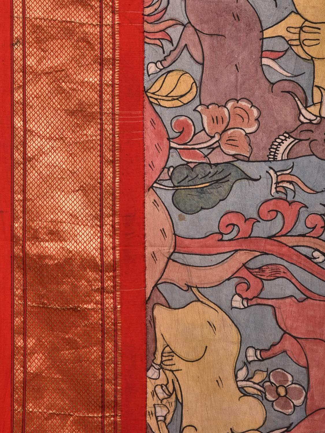 Light Blue and Red Kalamkari Hand Painted Paithani Silk Handloom Saree with Krishna Leena Design KL0504