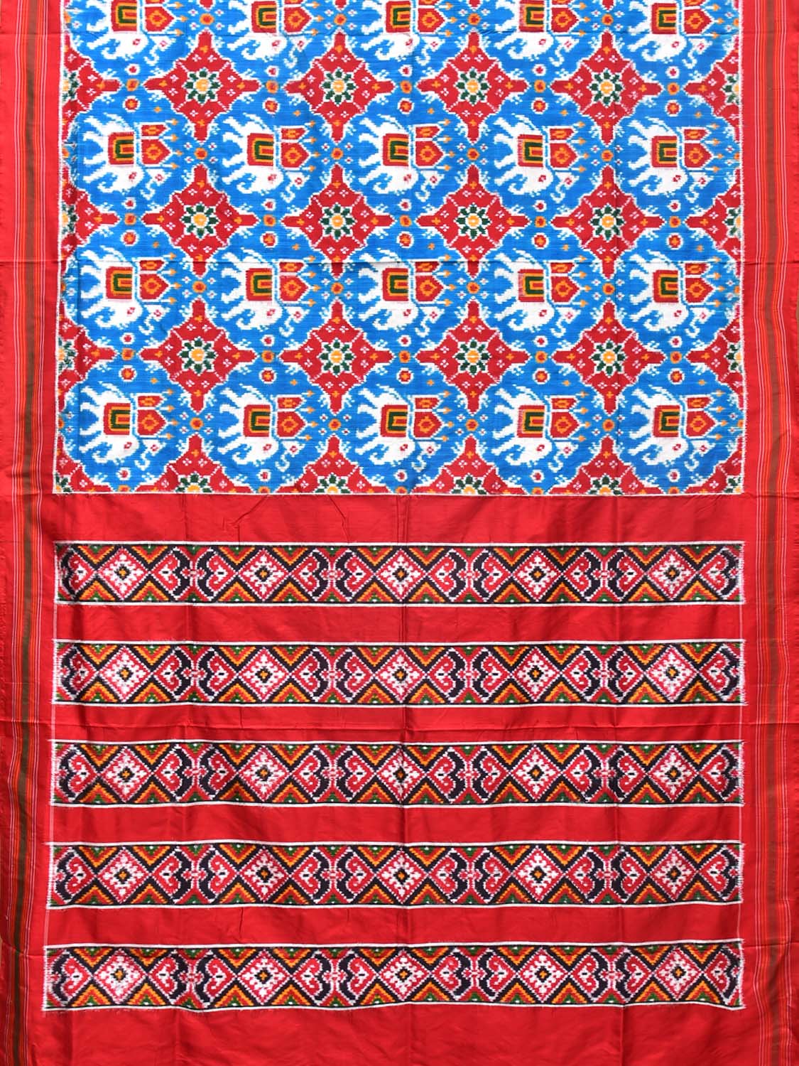 Light Blue and Red Pochampally Double Ikat Silk Handloom Saree with Elephant Design i0768