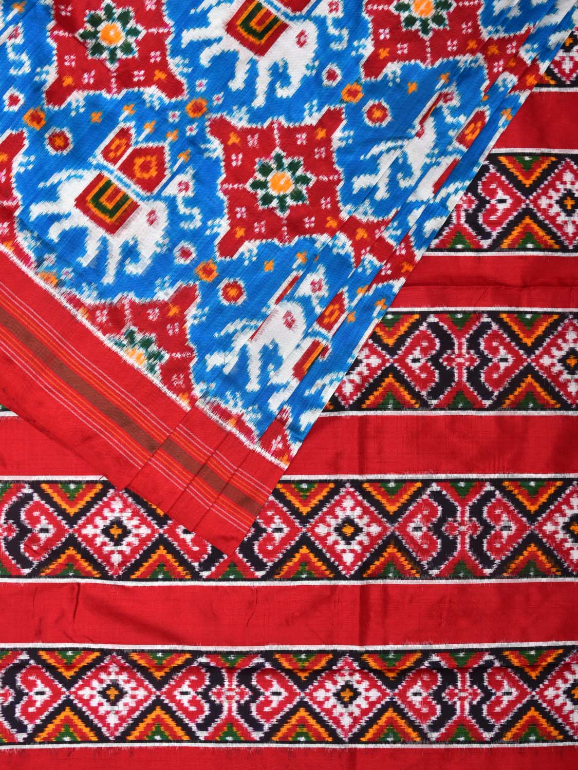 Light Blue and Red Pochampally Double Ikat Silk Handloom Saree with Elephant Design i0768